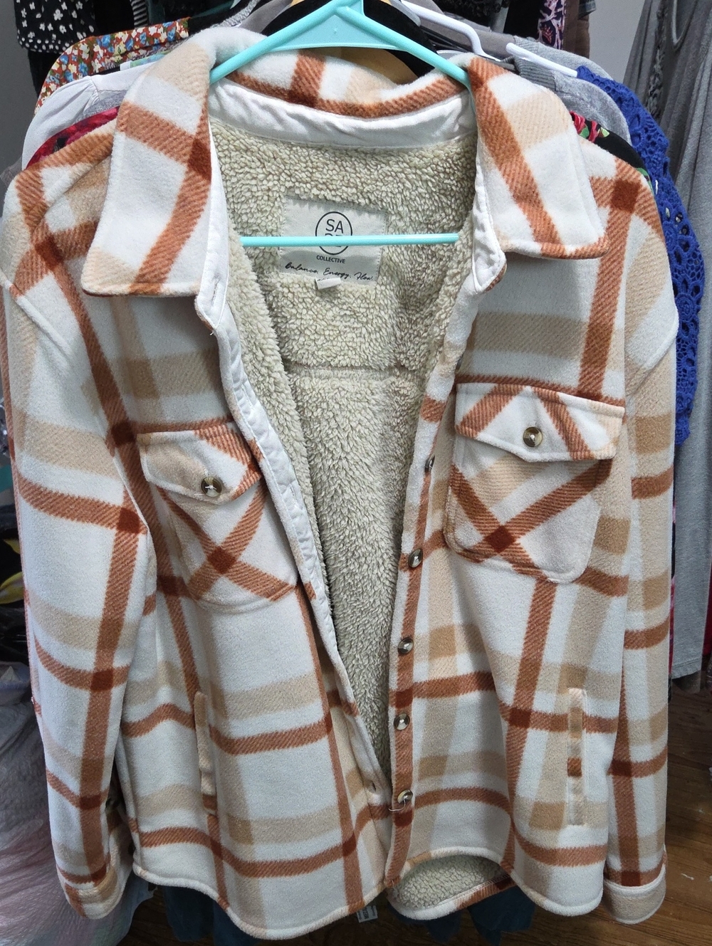 Sage Cream & Tan Plaid Sherpa-Lined Shacket Size Large